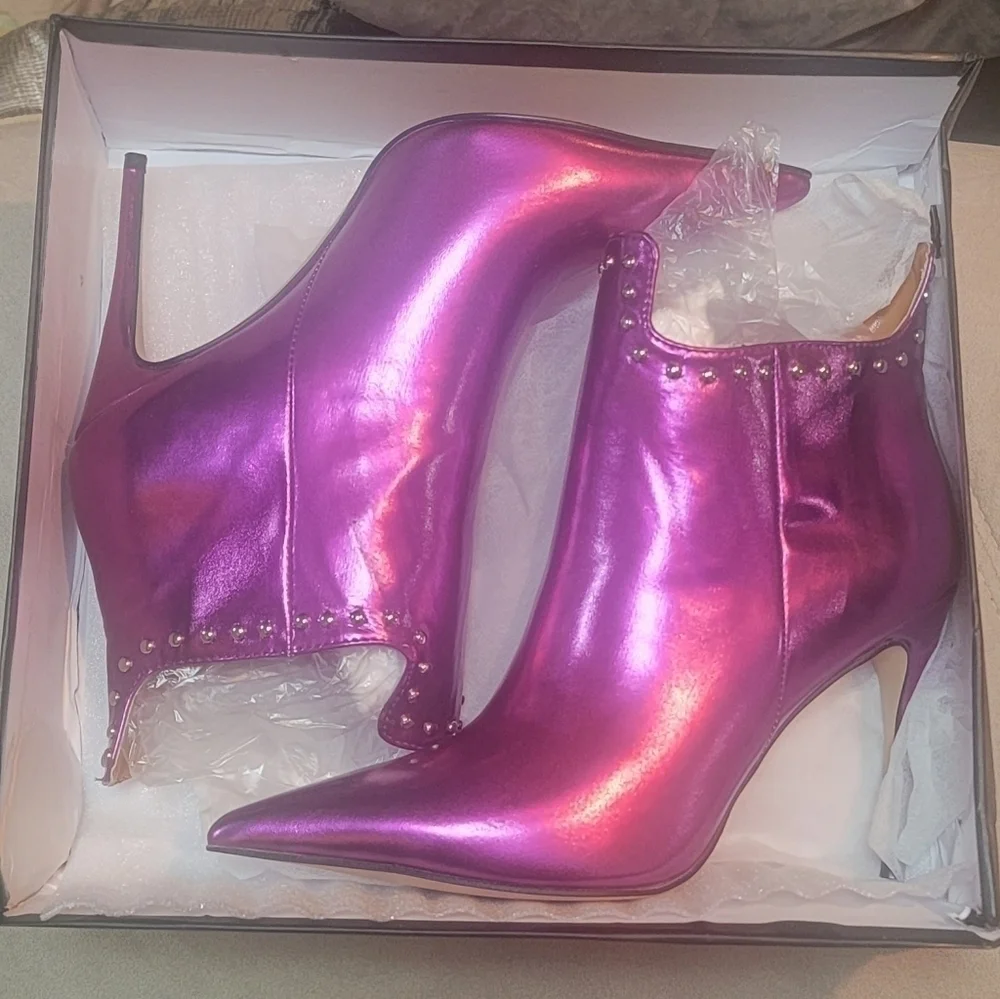FSJ Classic Pointed Toe Stiletto High Heel Studded Ankle Boots Glossy Pull-On